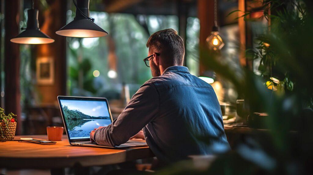 Back view portrait of a young man using laptop at his workplace Top 7 Cybersecurity Risks of Remote Work & How to Address Them