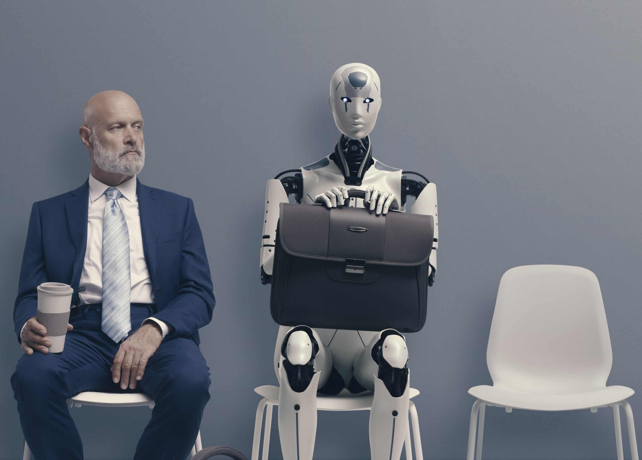 Older man in a blue suit sits with a coffee next to a white humanoid robot holding a briefcase.